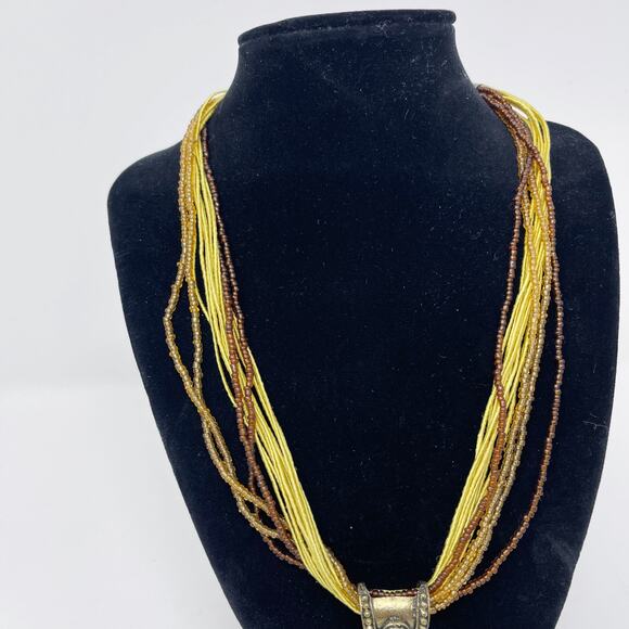 Multilayered Beaded Statement Necklace with Large Pendant Yellow Brown Green - Picture 4 of 7